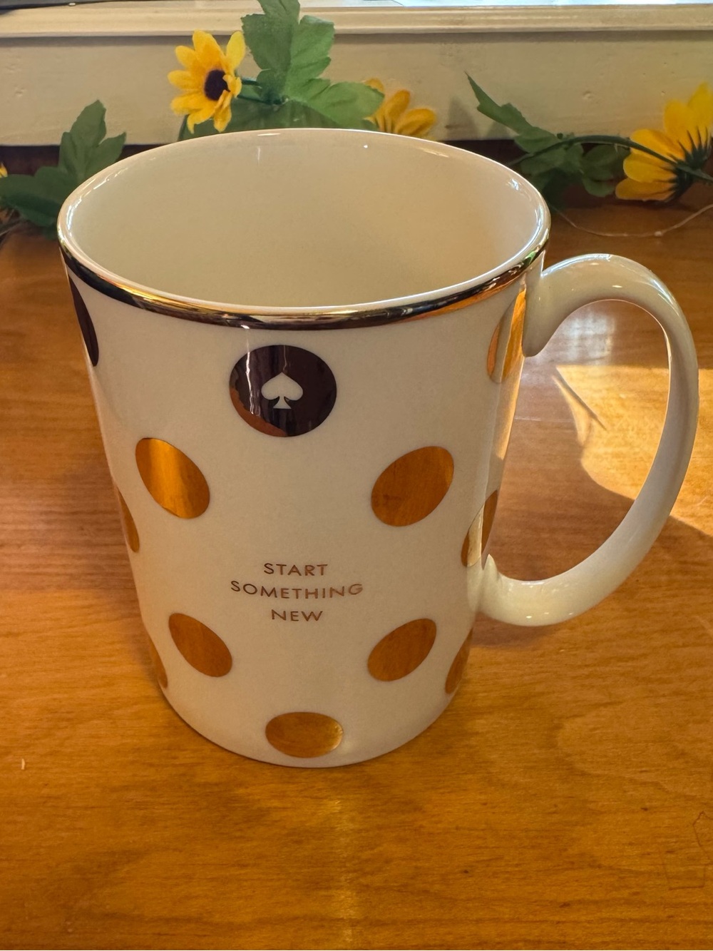 Kate Spade “Start Something New” White Ceramic Mug with Gold Metallic Polka Dots